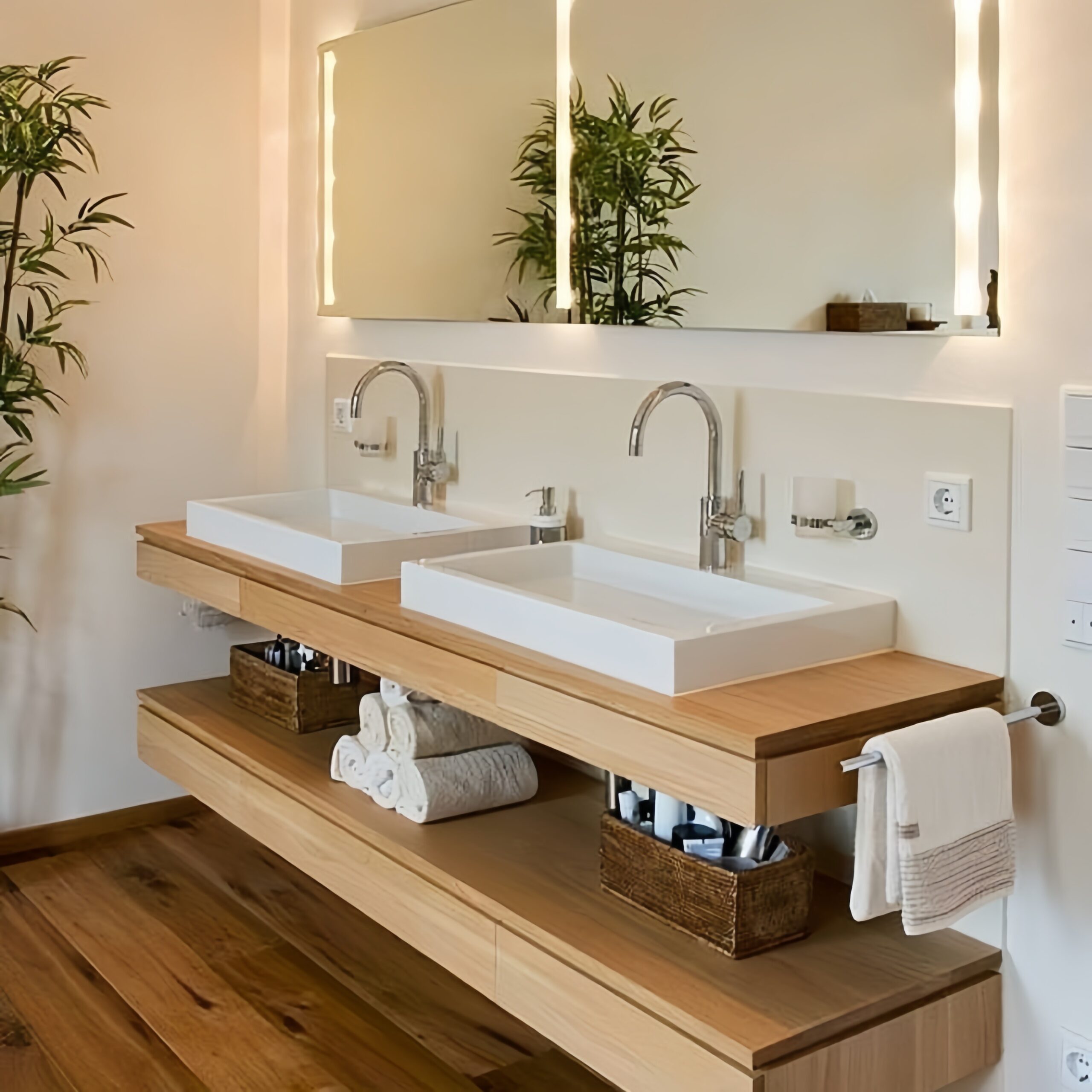 Elegant wooden bathroom vanity with dual sinks and a large mirror, complemented by natural light.